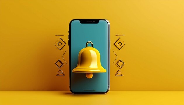 3d rendering of alarm bell notification with smartphone reminder on vibrant yellow backdrop