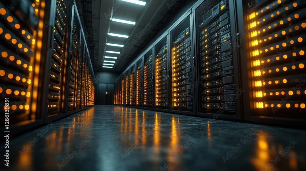 Poster high-tech server room featuring rows of advanced servers and efficient cooling systems in operation