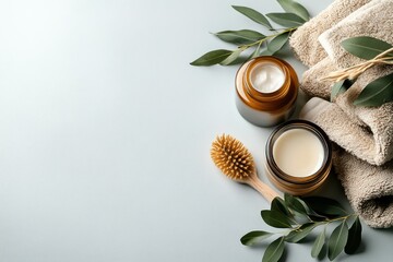 Creamy jars with towels and foliage on a light background