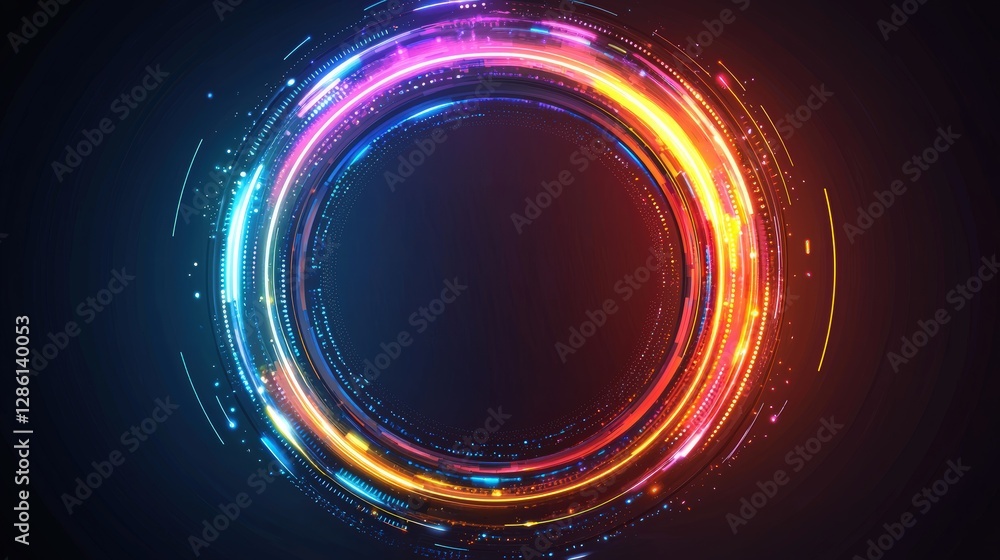Poster glowing circular formation of neon lights creating a striking and energetic visual display at night