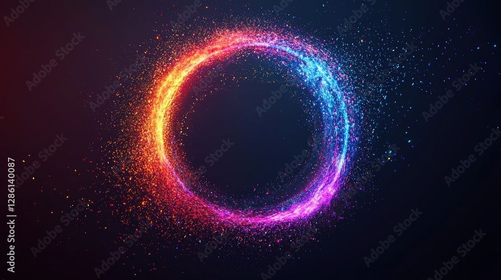Poster vibrant and colorful circular pattern formed by dynamic particles creating a stunning visual effect