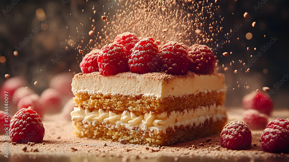 Poster raspberry cake delight: a luscious slice of cake is adorned with fresh raspberries and a delicate du
