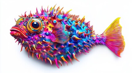 Fototapeta premium Detailed pufferfish glowing with vibrant neon colors, isolated on a simple white background.