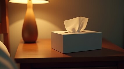 Tissue Box, A tissue box on a wooden nightstand under warm home lighting viewed from the front in 8K UHD.