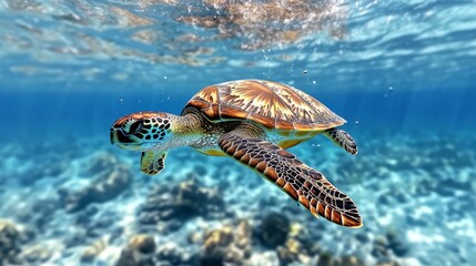 Obraz premium a sea turtle swimming underwater in a clear ocean.