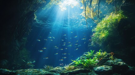 Fototapeta premium Swimming Fish in Underwater Cave with Sunlight Beams Through the Water