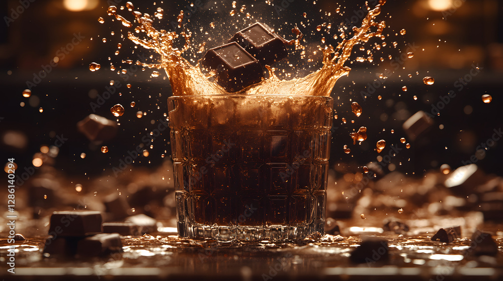 Poster chocolate cascade: captivating capture of chocolate chunks dramatically plunging into a beverage, cr