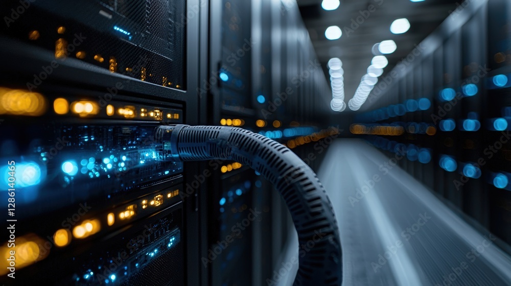 Poster server room filled with cables and equipment for data storage and network management functions