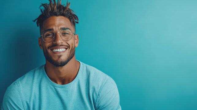 A stylish man with dreadlocks and glasses offers a warm smile against a brilliant blue background, embodying a blend of modern style and joyful expression.