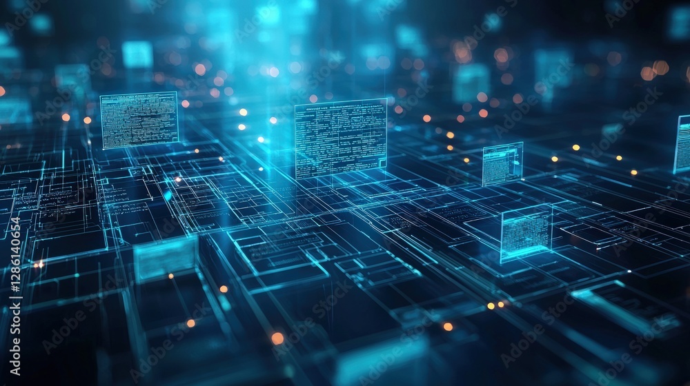 Poster abstract network grid with files and folders, futuristic software interface, digital document manage