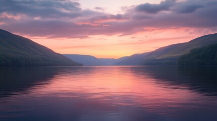 Calm Lake Reflecting Pink Sunset Sky Between Rolling Hills Landscape