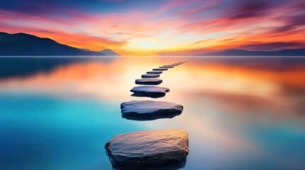 Stepping Stones Across Calm Water at Sunset with Mountain Backdrop
