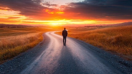 Obraz premium A Man Walking on a Winding Road at Sunset in a Serene Landscape Capturing the Essence of a Journey