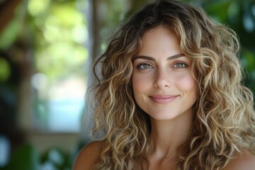 Obraz premium Beautiful Young Woman Smiling in a Lush Green Setting