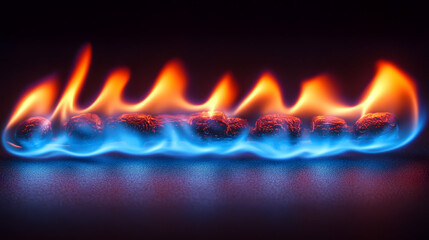 Fiery Embrace: A captivating image showcasing the mesmerizing dance of flames, with vivid blue and orange hues.||flames, fire, heat, energy, blue, orange, burning, blaze, hot, inferno, combustion.