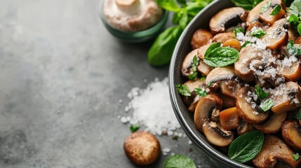 A vibrant bowl of sautéed mushrooms, garnished with fresh herbs and salt, highlights an appetizing and gourmet culinary presentation perfect for food enthusiasts.