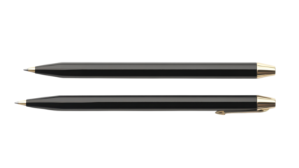 High-quality black pens with gold accents positioned parallel on a plain background for office and writing purposes