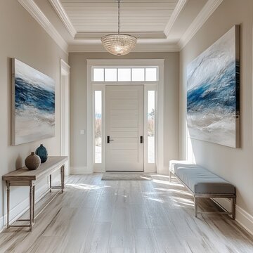 A bright foyer welcomes guests with coastal decor elements