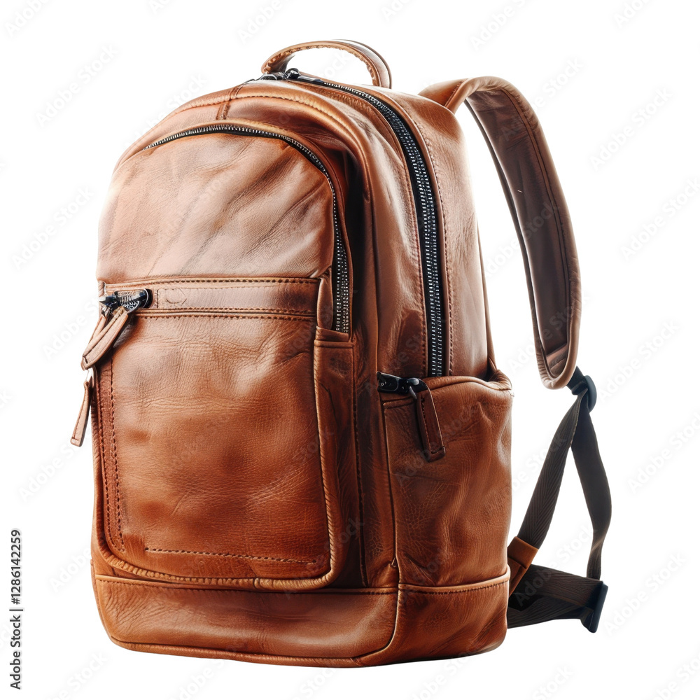 Poster stylish brown leather backpack with multiple compartments and zippers, perfect for daily use or trav