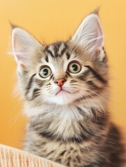 Obraz premium Cute kitten with big eyes on a light orange background