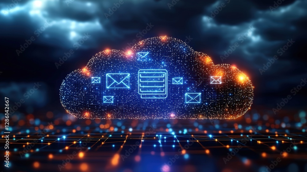 Poster striking cloud with blue and orange graphic elements creating a unique abstract visual display