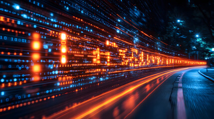Digital Highway: An abstract image of a highway of data, symbolizing the fast movement of information and technology. Data streams flowing rapidly through a futuristic tunnel.