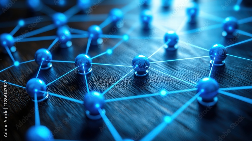 Poster intricate network of blue pins forming a complex web representing connectivity in a digital world