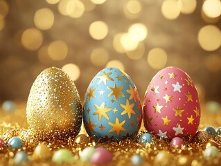 Colorful Easter Eggs on a Golden Background for Festive Celebrations and Seasonal Decor