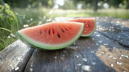Fresh watermelon slices on a wooden picnic table in a sunlit orchard