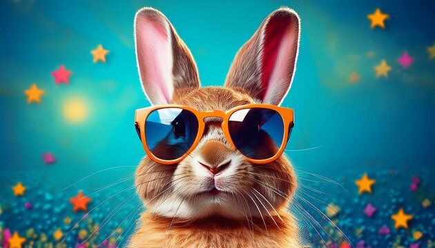 frohe ostern konzept feiertag grusskarte mit deutschem text susser osterhase kaninchen mit sonnenbrille isoliert auf blauem hintergrund