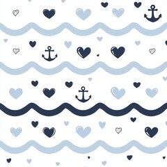 A modern, seamless geometric design with anchors, hearts, polka dots, and wavy lines. This minimalistic nautical background works perfectly as a vintage maritime backdrop for textures, paper, cards,