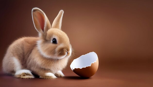 frohe ostern konzept feiertag grusskarte mit deutschem text susser osterhase kaninchen mit osterei eierschale isoliert auf braunem hintergrund