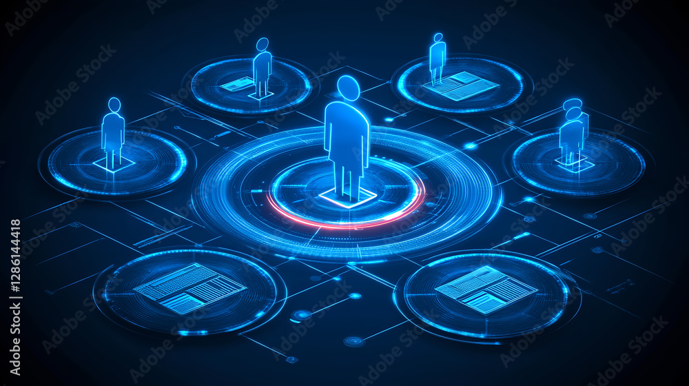 Poster digital networking event showcasing human interaction and data flow in a virtual environment