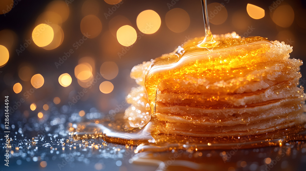Poster golden honey cascade: a stack of delicate pancakes is drenched in a stream of golden honey, creating