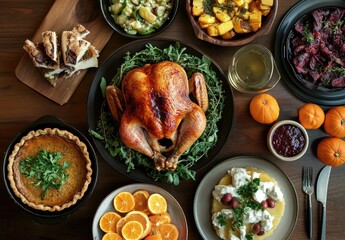 Thanksgiving dinner spread on wooden table with roasted turkey, sides, and dessert