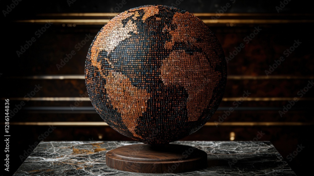 Poster detailed globe constructed from small colorful squares representing a modern interpretation of earth