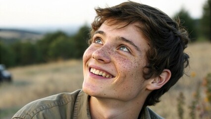 Cute 20-Year-Old Guy with Love-Struck Expression in Nature