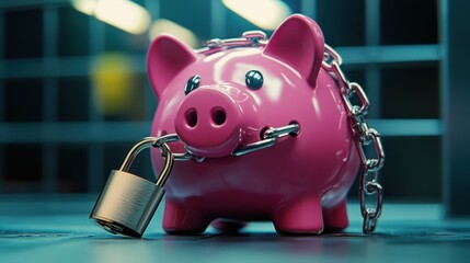 Financial safety depicted with a pink piggy bank locked with a chain and padlock.
