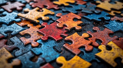 Rusty puzzle pieces, close-up, dark background, incomplete