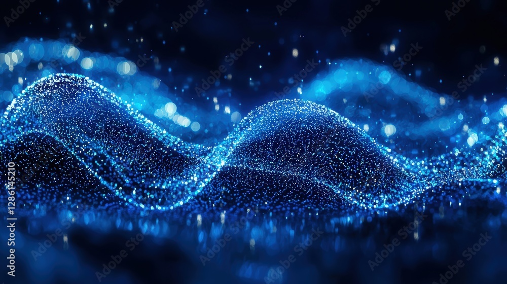 Poster serene blue background featuring a wave of particles creating an ethereal and dreamy atmosphere