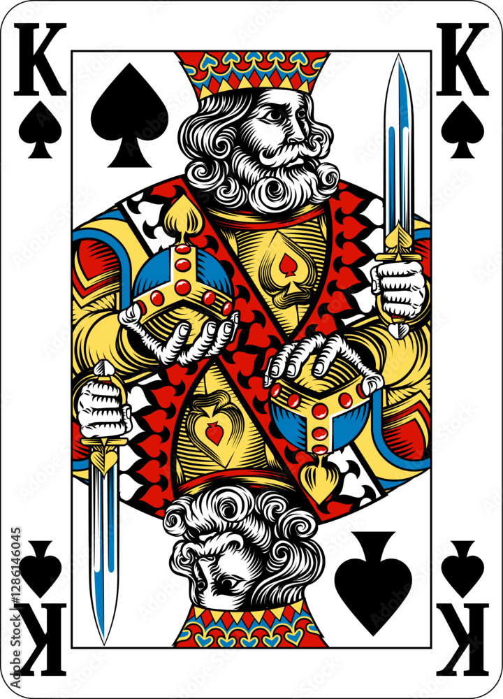 Poster king of spades design from a new original deck of playing cards. four pip left handed version with i
