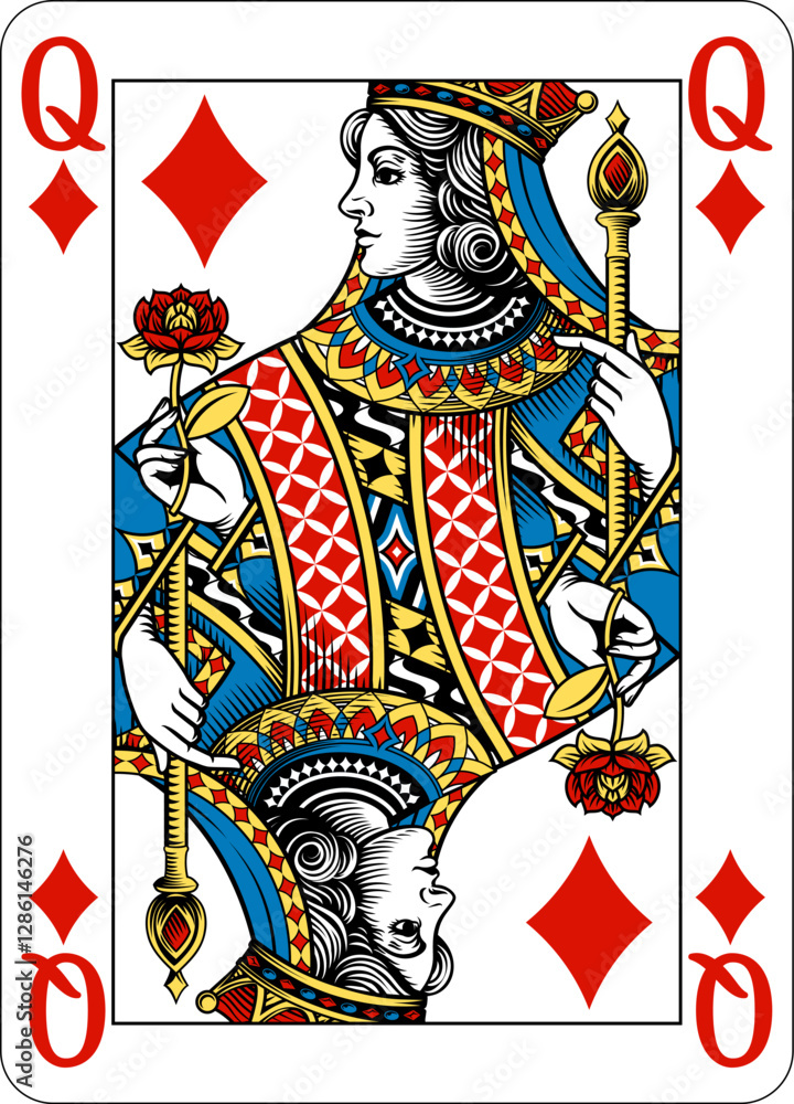 Poster queen of diamonds design from a new original deck of playing cards. four pip left handed version wit