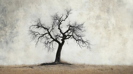 Lone, bare tree on dry, textured background.
