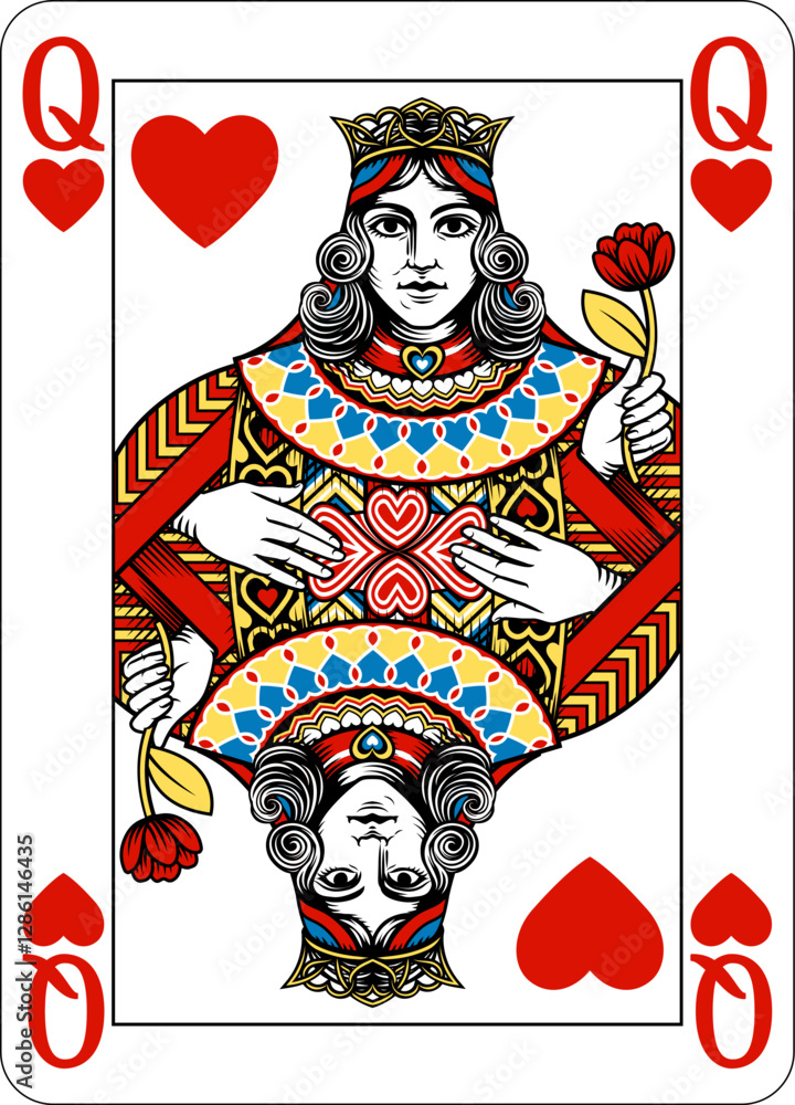 Poster queen of hearts design from a new original deck of playing cards. four pip left handed version with 