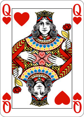Queen of Hearts design from a new original deck of playing cards. Four pip left handed version with identifier in all four corners.