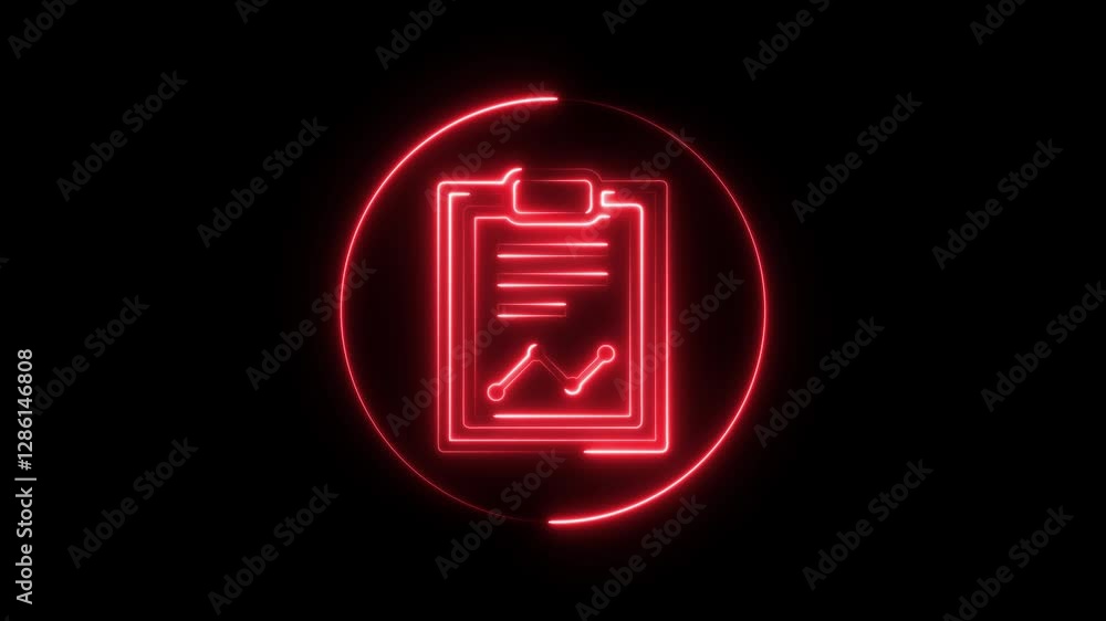 Poster glowing neon graphic document or report with chart icon animation.paper reporting illustration symbo