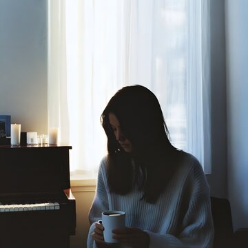 Pensive thoughtful woman sitting alone at a desk by a piano holding a coffee mug in a quiet minimalist home interior setting with a window curtains candles and a subdued moody atmosphere