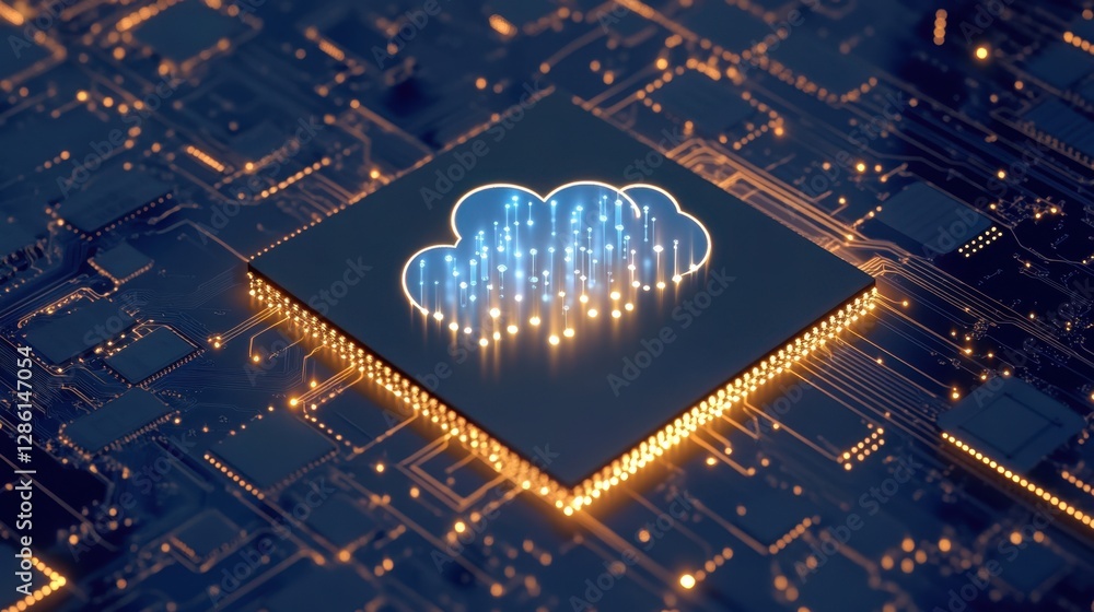 Poster futuristic cloud computing concept with a digital microchip emitting light beams, surrounded by data