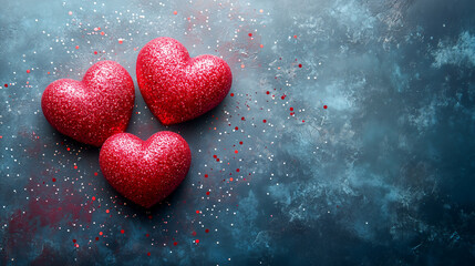 Fototapeta premium Three red hearts are on a blue background with glitter