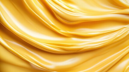 A close-up view of vibrant yellow silk fabric, showcasing its glossy texture and flowing curves, evoking a sense of elegance and opulence in visual presentation.